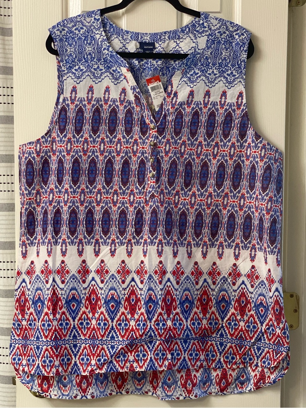 Basic Edition Cotton Sleeveless Printed V-Neck Top - Blue & Red Size XXL NWT